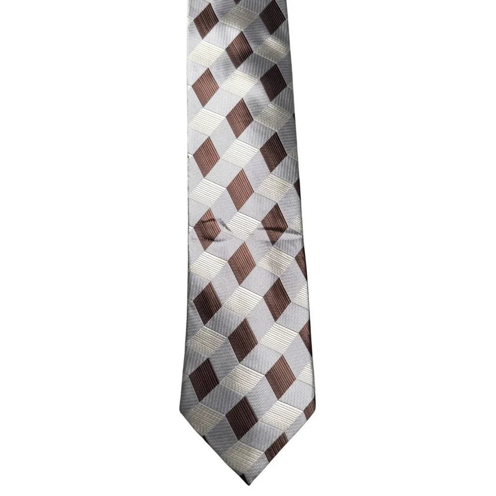Necktie Mens OS Brown Silver Excellent Silk Geometric Checkered Tie
